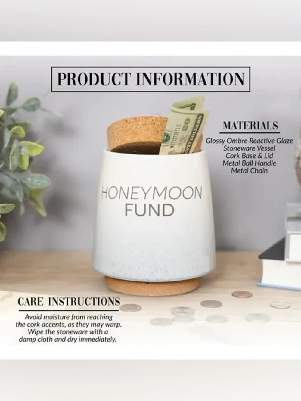 Honeymoon Fund Ceramic Money Jar with Cork Lid & Cute Little Metal Money Design